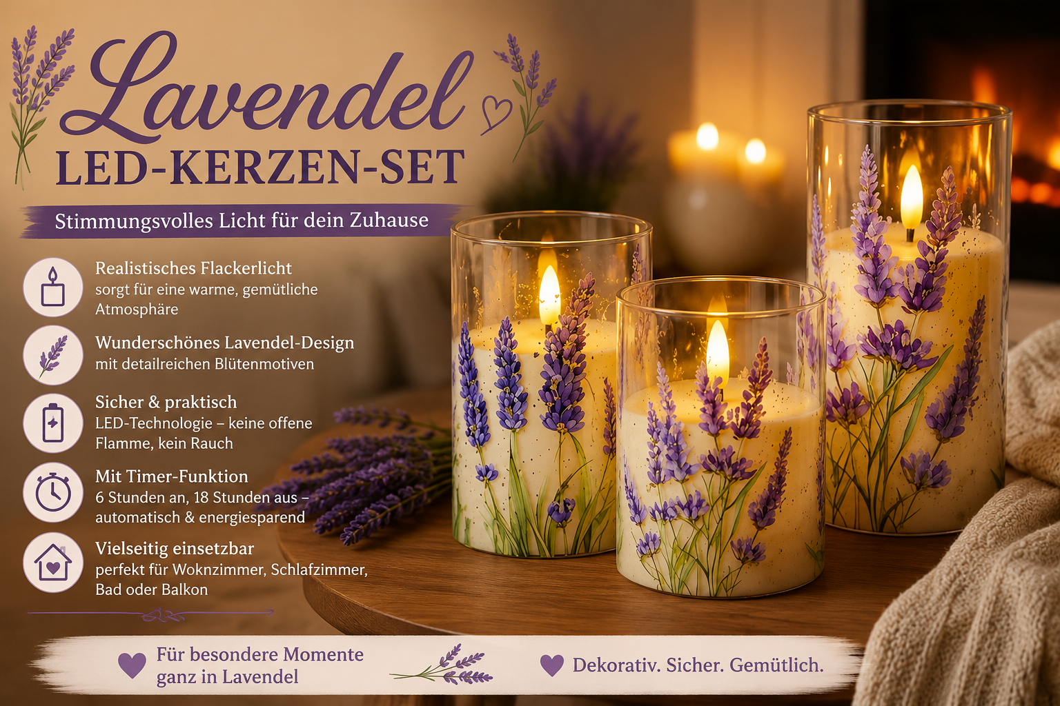LED-Kerzenset mit Lavendel-Motiv