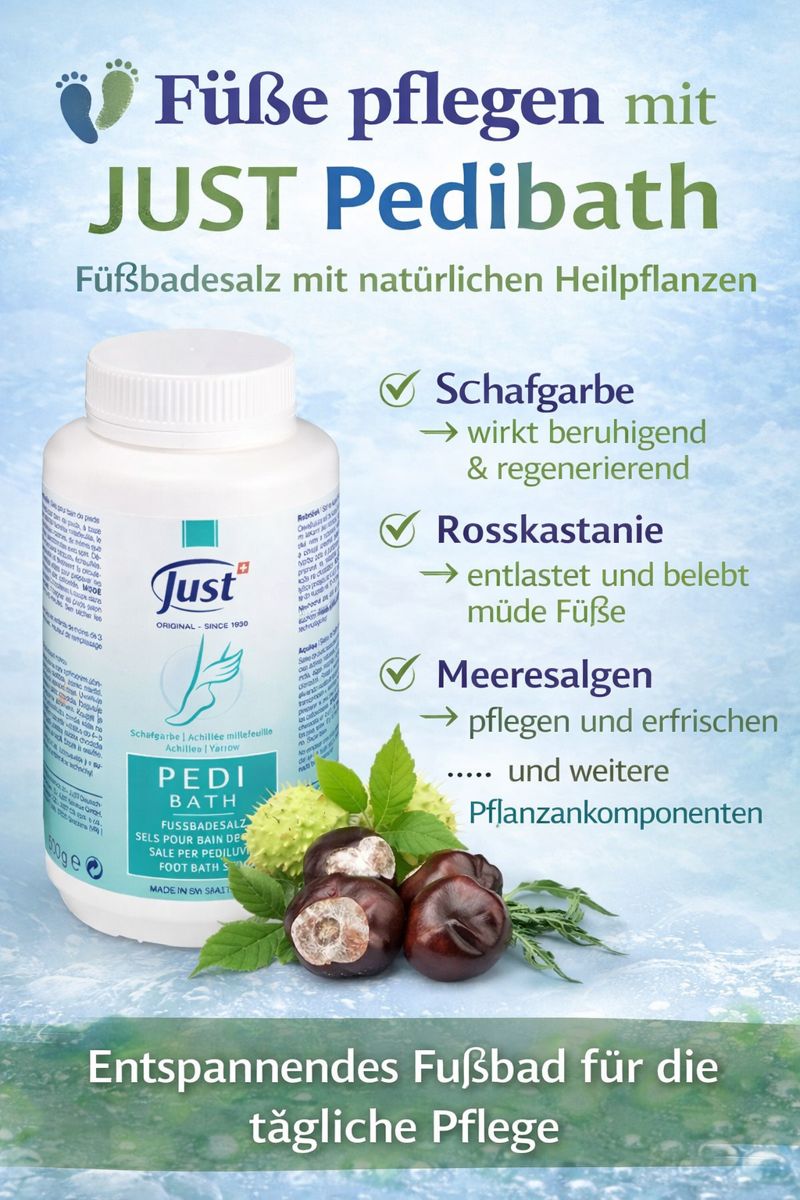 JUST Pedibath Fußbadesalz mit Schafgarbe Rosskastanie und Meeresalgen