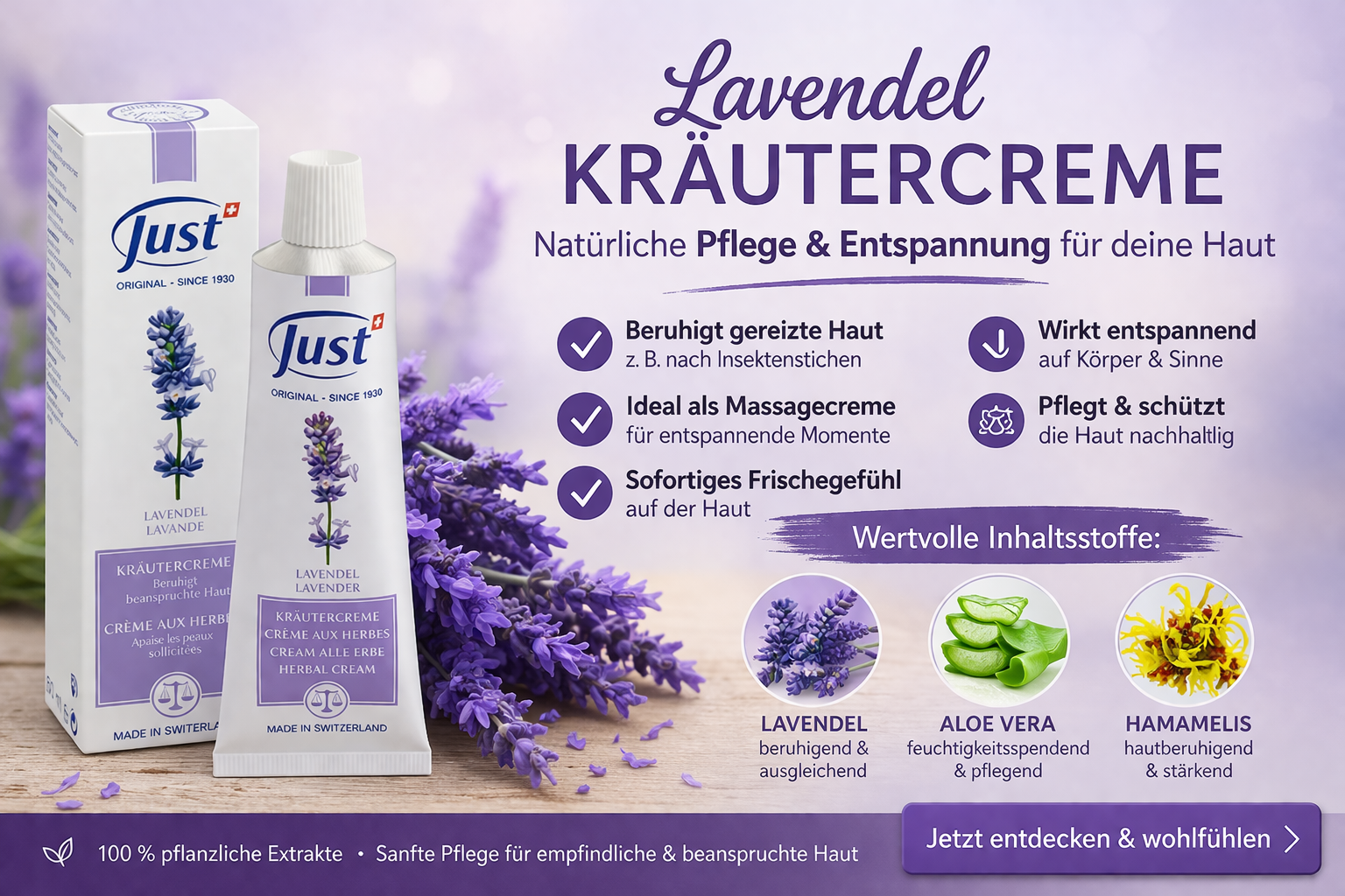 JUST Lavendel Kräutercreme für Hautpflege und natürlichen Mückenschutz