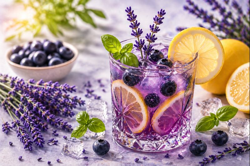 Lavendel Mocktail mit Blaubeeren, Zitrone und Eis – erfrischender Sommerdrink